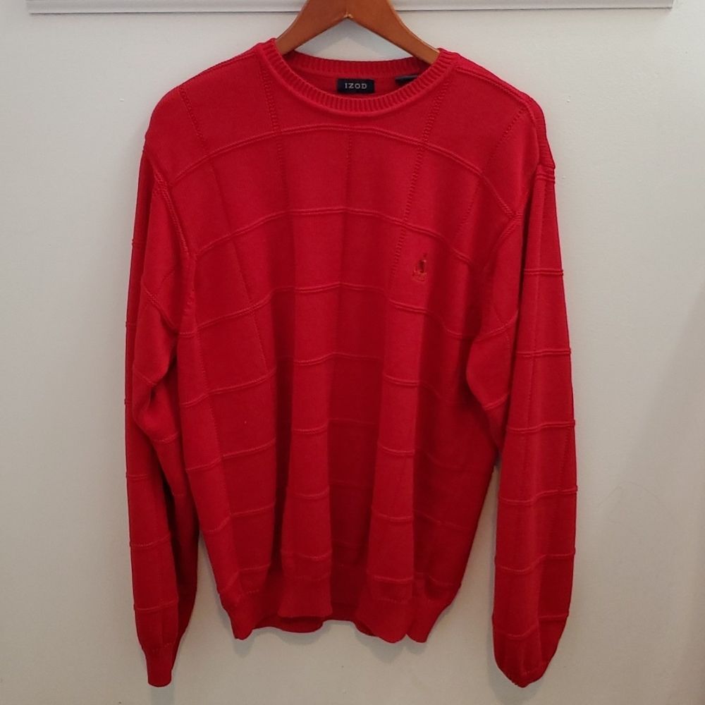 Izod Red Crew Neck Grid Pattern Knit Sweater Size Large